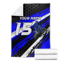 Custom Blue Motocross Blanket with Dirt Bike Rider Graphic Design on Honeycomb Pattern - Wonder Print Shop