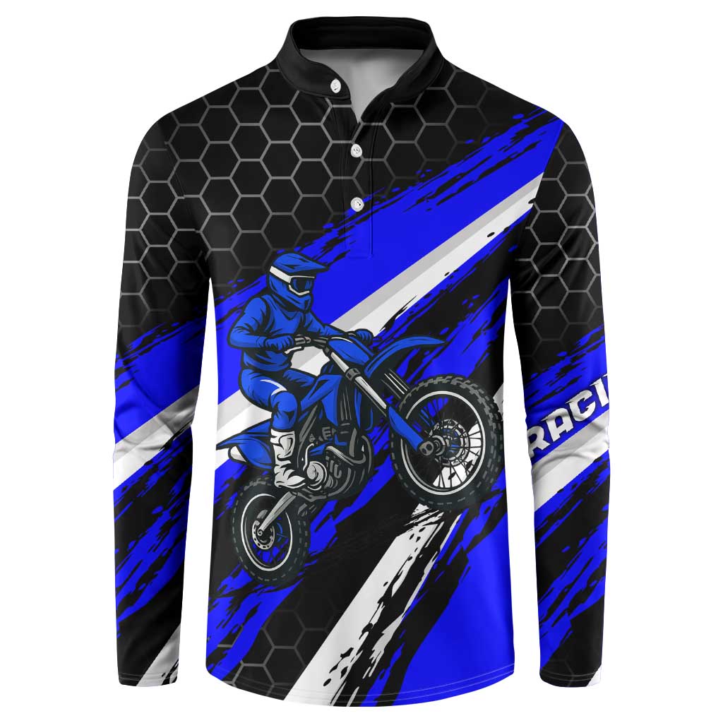 Custom Blue Motocross Button Sweatshirt with Dirt Bike Rider Graphic Design on Honeycomb Pattern - Wonder Print Shop