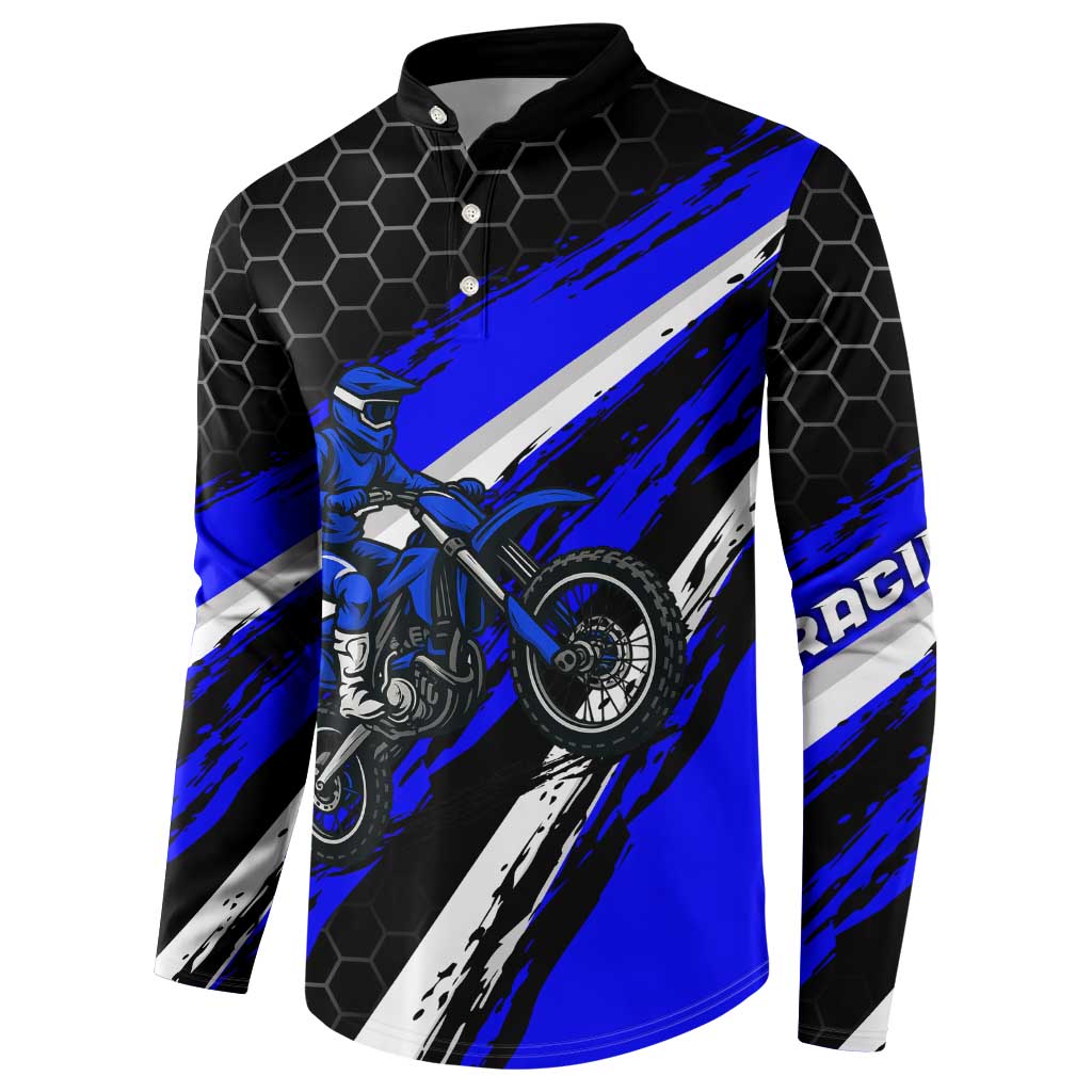 Custom Blue Motocross Button Sweatshirt with Dirt Bike Rider Graphic Design on Honeycomb Pattern - Wonder Print Shop