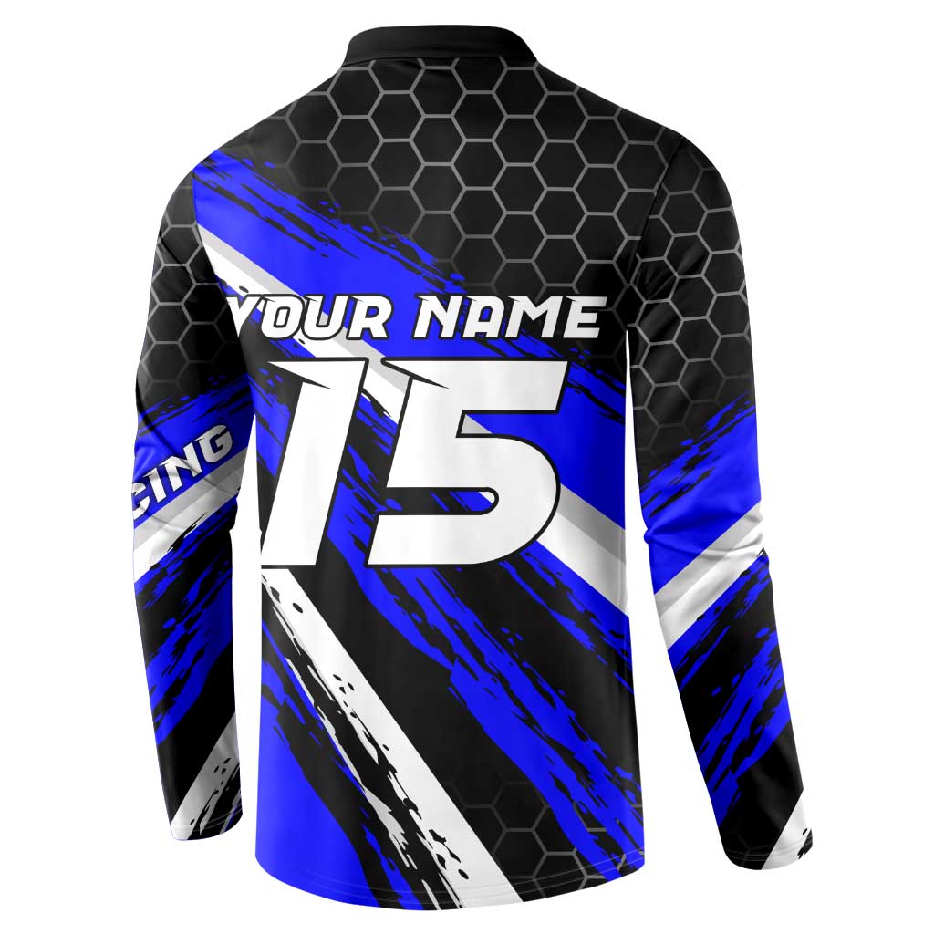 Custom Blue Motocross Button Sweatshirt with Dirt Bike Rider Graphic Design on Honeycomb Pattern - Wonder Print Shop