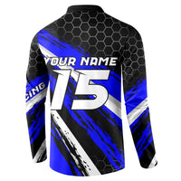 Custom Blue Motocross Button Sweatshirt with Dirt Bike Rider Graphic Design on Honeycomb Pattern - Wonder Print Shop