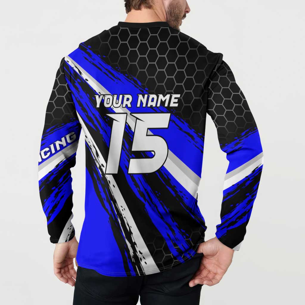 Custom Blue Motocross Button Sweatshirt with Dirt Bike Rider Graphic Design on Honeycomb Pattern - Wonder Print Shop