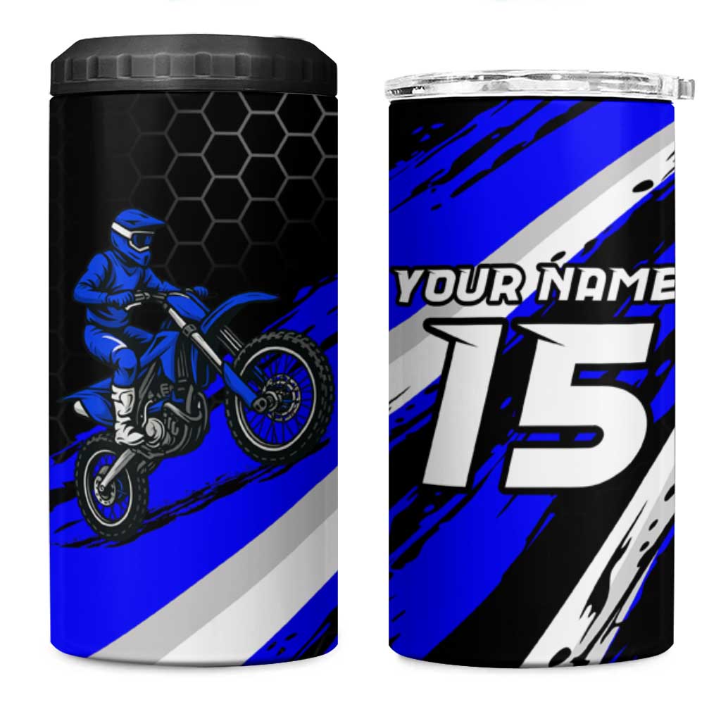 Custom Blue Motocross 4 in 1 Can Cooler Tumbler with Dirt Bike Rider Graphic Design on Honeycomb Pattern - Wonder Print Shop