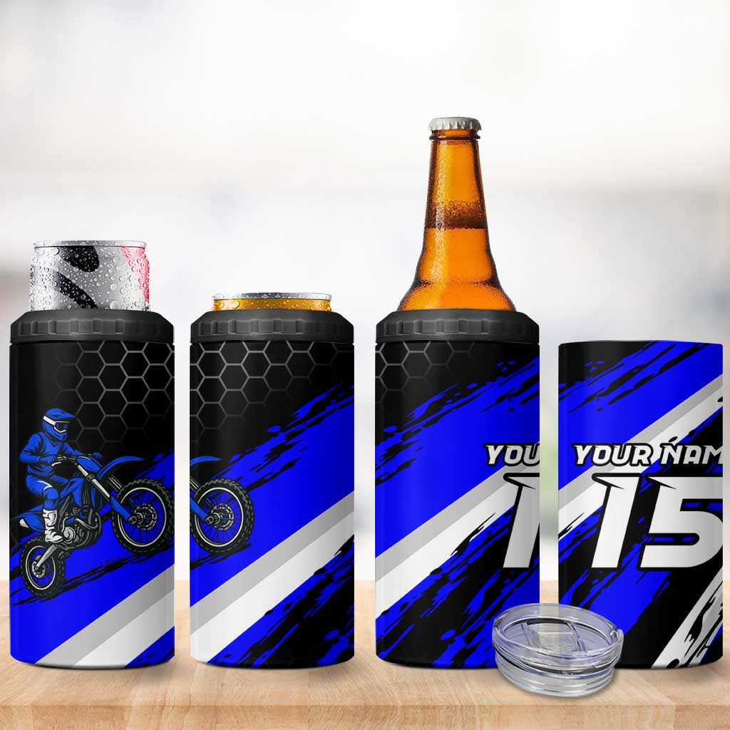 Custom Blue Motocross 4 in 1 Can Cooler Tumbler with Dirt Bike Rider Graphic Design on Honeycomb Pattern - Wonder Print Shop