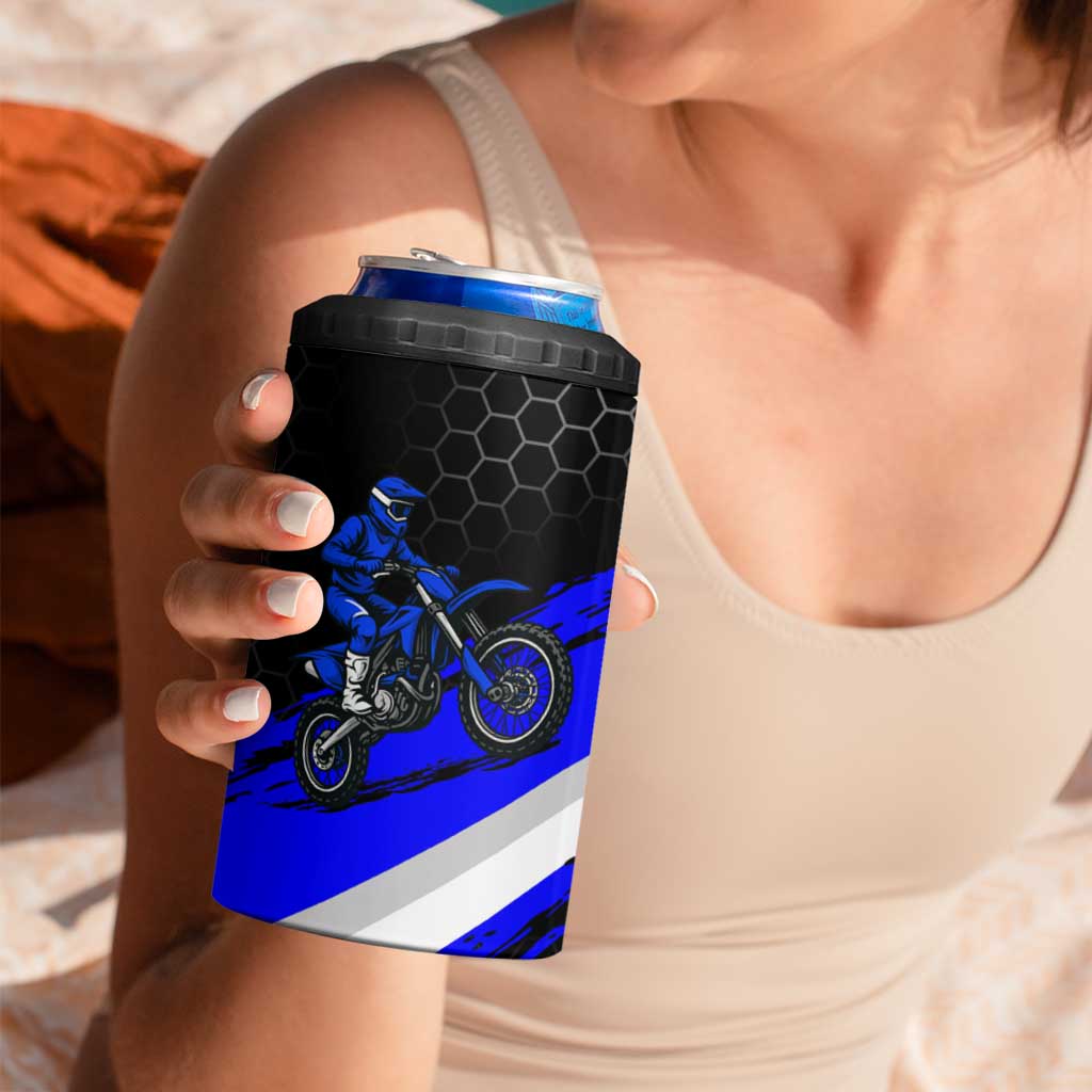 Custom Blue Motocross 4 in 1 Can Cooler Tumbler with Dirt Bike Rider Graphic Design on Honeycomb Pattern - Wonder Print Shop