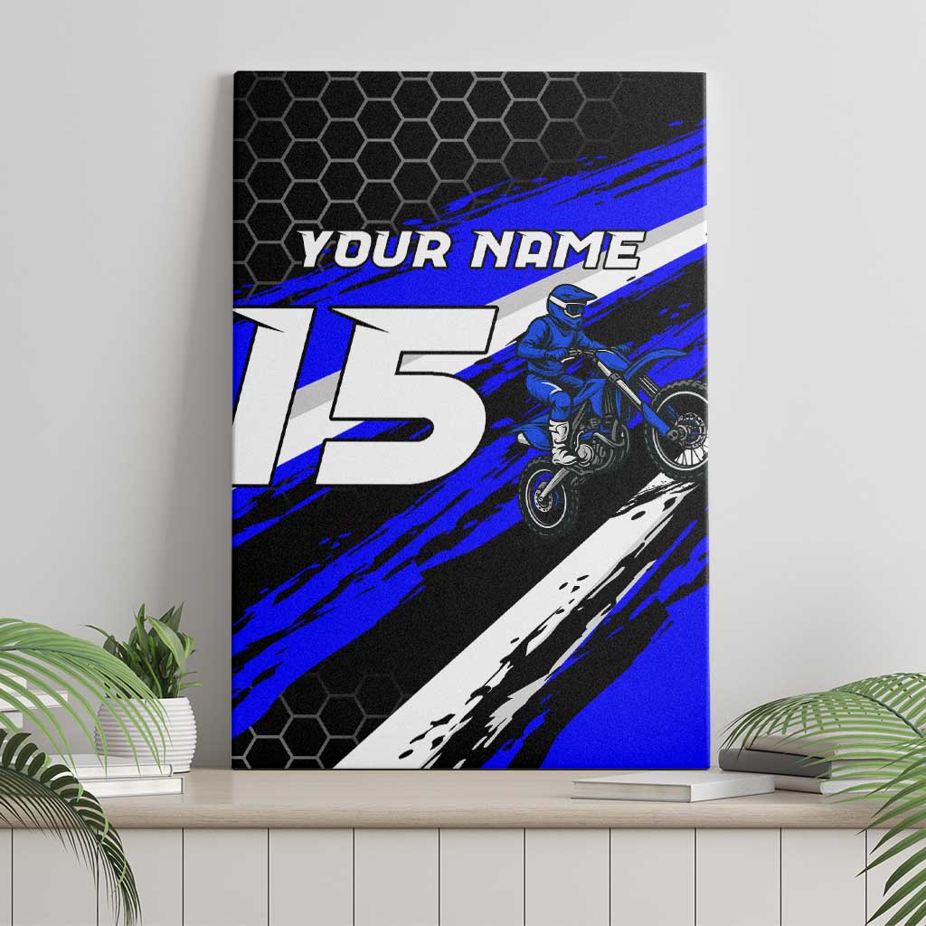Custom Blue Motocross Canvas Wall Art with Dirt Bike Rider Graphic Design on Honeycomb Pattern - Wonder Print Shop