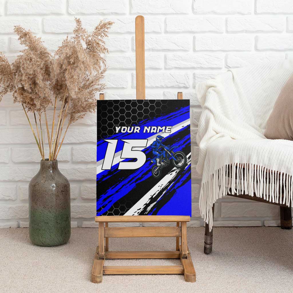 Custom Blue Motocross Canvas Wall Art with Dirt Bike Rider Graphic Design on Honeycomb Pattern - Wonder Print Shop