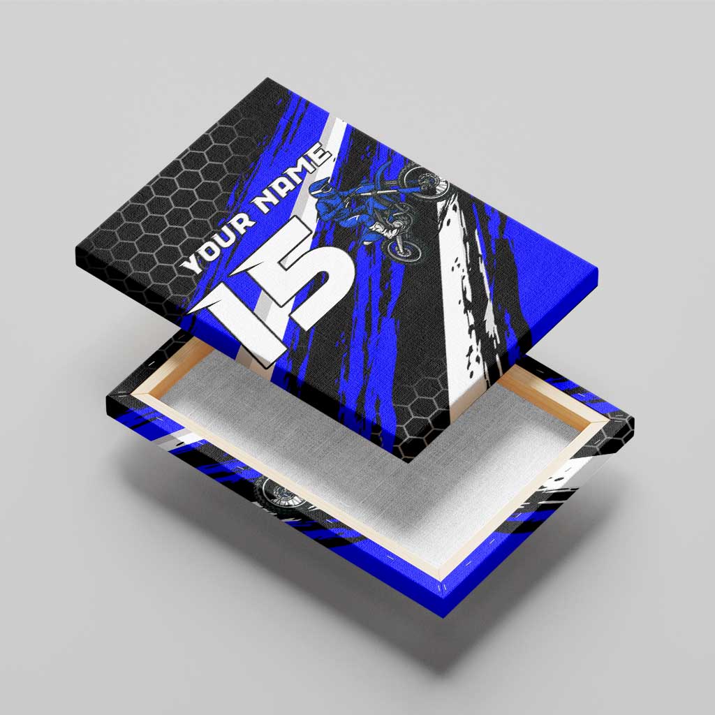Custom Blue Motocross Canvas Wall Art with Dirt Bike Rider Graphic Design on Honeycomb Pattern - Wonder Print Shop