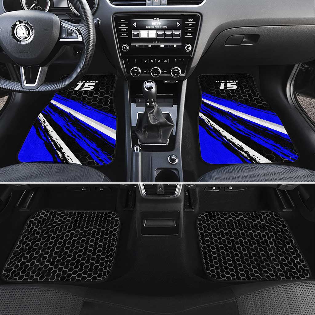 Custom Blue Motocross Car Mats with Dirt Bike Rider Graphic Design on Honeycomb Pattern - Wonder Print Shop