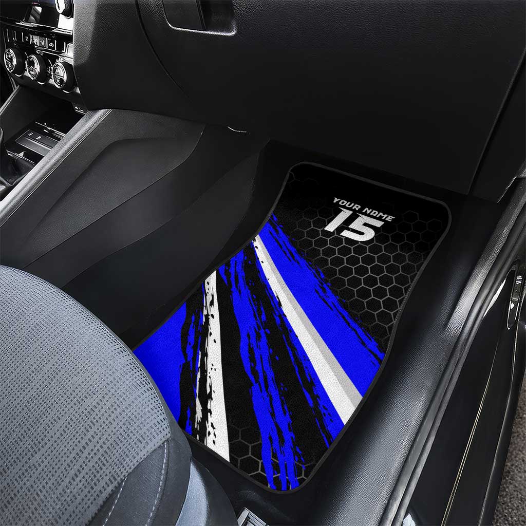 Custom Blue Motocross Car Mats with Dirt Bike Rider Graphic Design on Honeycomb Pattern - Wonder Print Shop