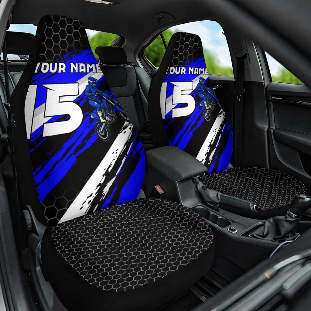 Custom Blue Motocross Car Seat Cover with Dirt Bike Rider Graphic Design on Honeycomb Pattern - Wonder Print Shop