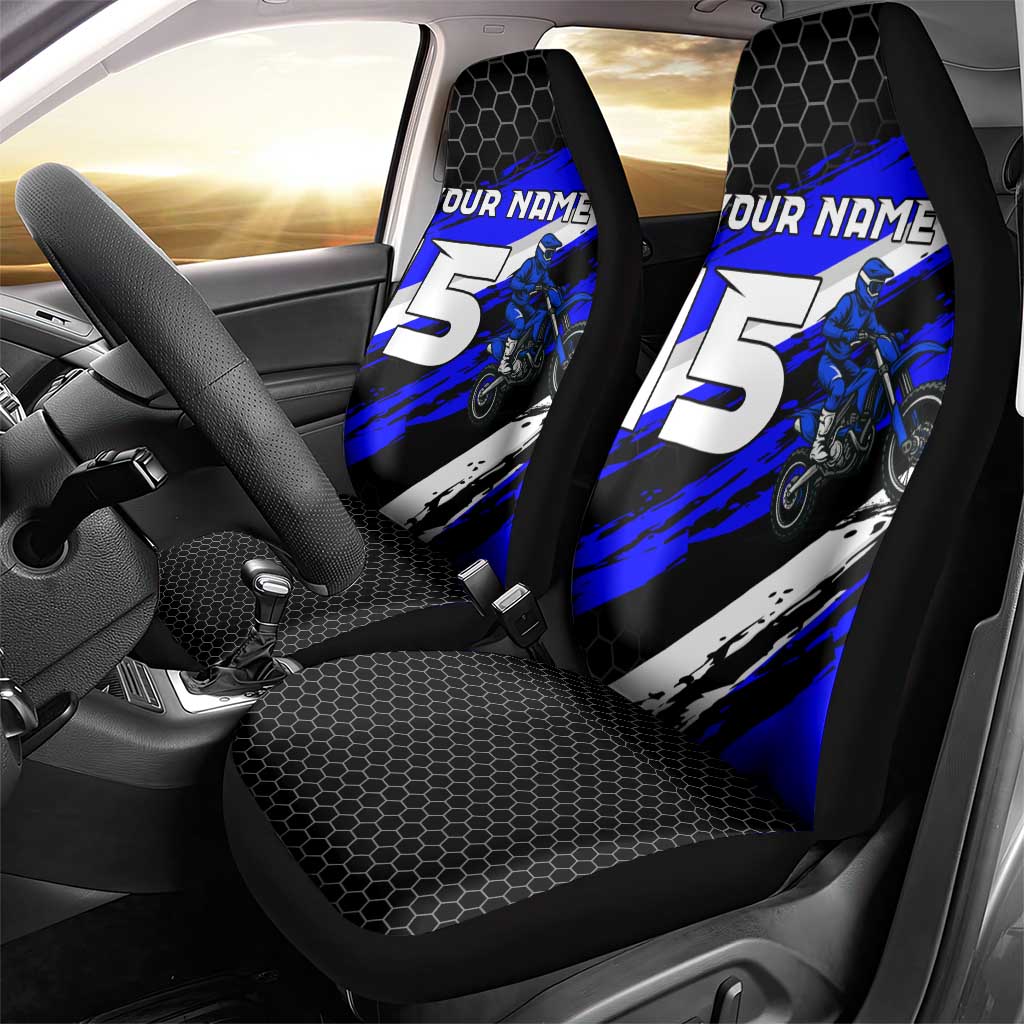 Custom Blue Motocross Car Seat Cover with Dirt Bike Rider Graphic Design on Honeycomb Pattern - Wonder Print Shop