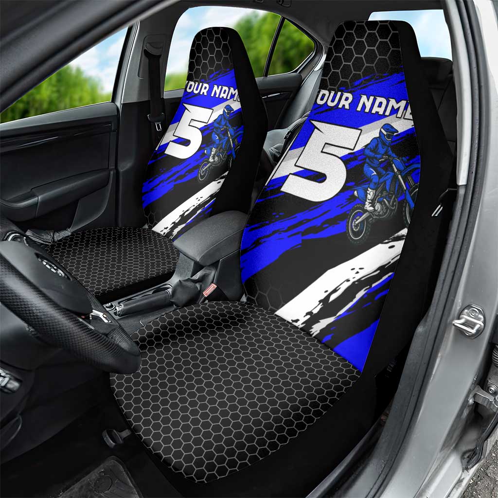 Custom Blue Motocross Car Seat Cover with Dirt Bike Rider Graphic Design on Honeycomb Pattern - Wonder Print Shop