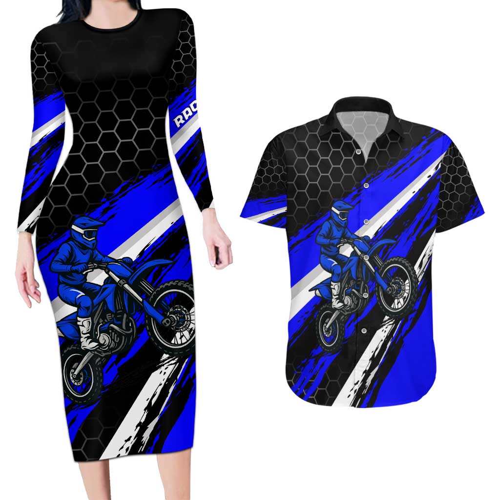 Custom Blue Motocross Couples Matching Long Sleeve Bodycon Dress and Hawaiian Shirt with Dirt Bike Rider Graphic Design on Honeycomb Pattern - Wonder Print Shop