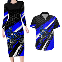 Custom Blue Motocross Couples Matching Long Sleeve Bodycon Dress and Hawaiian Shirt with Dirt Bike Rider Graphic Design on Honeycomb Pattern - Wonder Print Shop