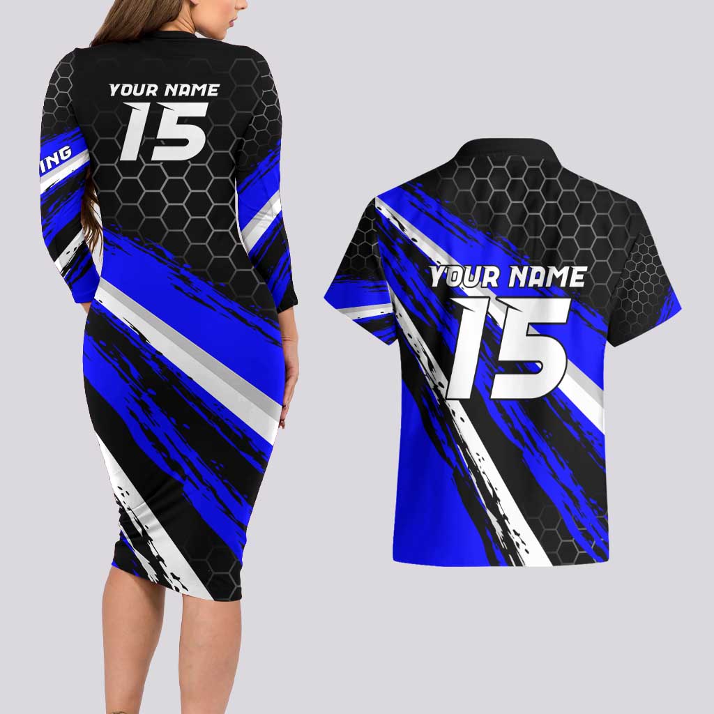 Custom Blue Motocross Couples Matching Long Sleeve Bodycon Dress and Hawaiian Shirt with Dirt Bike Rider Graphic Design on Honeycomb Pattern - Wonder Print Shop