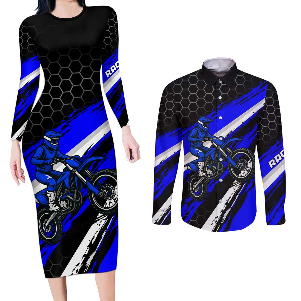 Custom Blue Motocross Couples Matching Long Sleeve Bodycon Dress and Long Sleeve Button Shirt with Dirt Bike Rider Graphic Design on Honeycomb Pattern - Wonder Print Shop