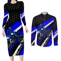 Custom Blue Motocross Couples Matching Long Sleeve Bodycon Dress and Long Sleeve Button Shirt with Dirt Bike Rider Graphic Design on Honeycomb Pattern - Wonder Print Shop