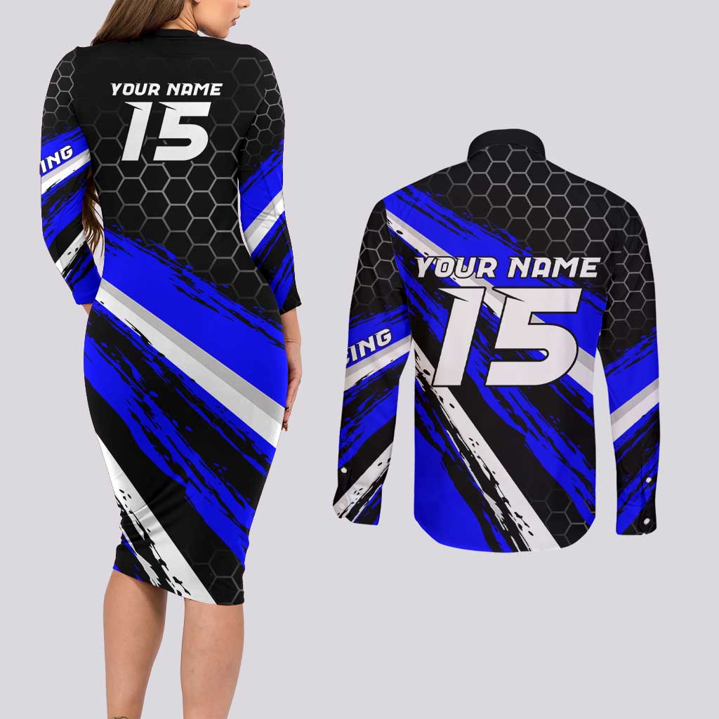 Custom Blue Motocross Couples Matching Long Sleeve Bodycon Dress and Long Sleeve Button Shirt with Dirt Bike Rider Graphic Design on Honeycomb Pattern - Wonder Print Shop