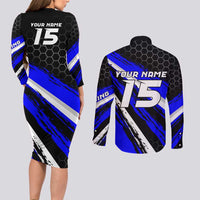 Custom Blue Motocross Couples Matching Long Sleeve Bodycon Dress and Long Sleeve Button Shirt with Dirt Bike Rider Graphic Design on Honeycomb Pattern - Wonder Print Shop