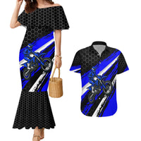 Custom Blue Motocross Couples Matching Mermaid Dress and Hawaiian Shirt with Dirt Bike Rider Graphic Design on Honeycomb Pattern - Wonder Print Shop