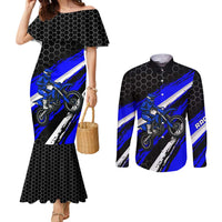 Custom Blue Motocross Couples Matching Mermaid Dress and Long Sleeve Button Shirt with Dirt Bike Rider Graphic Design on Honeycomb Pattern - Wonder Print Shop