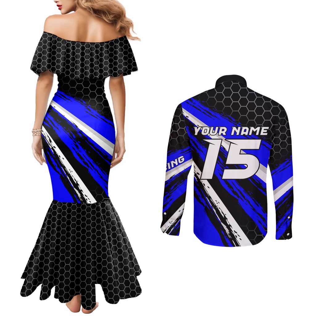 Custom Blue Motocross Couples Matching Mermaid Dress and Long Sleeve Button Shirt with Dirt Bike Rider Graphic Design on Honeycomb Pattern - Wonder Print Shop
