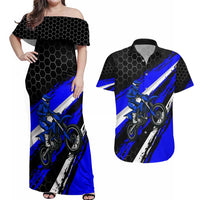 Custom Blue Motocross Couples Matching Off Shoulder Maxi Dress and Hawaiian Shirt with Dirt Bike Rider Graphic Design on Honeycomb Pattern - Wonder Print Shop