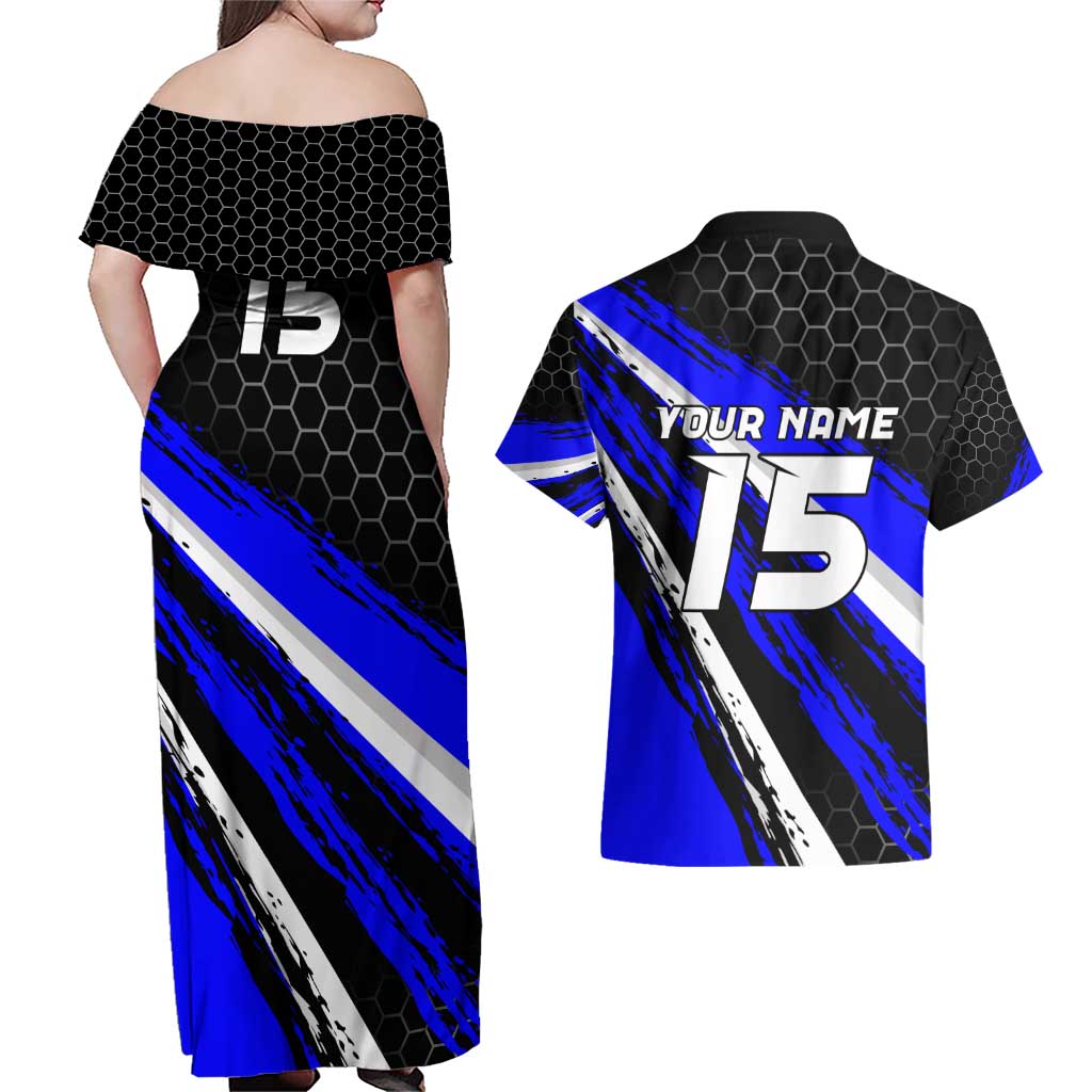 Custom Blue Motocross Couples Matching Off Shoulder Maxi Dress and Hawaiian Shirt with Dirt Bike Rider Graphic Design on Honeycomb Pattern - Wonder Print Shop