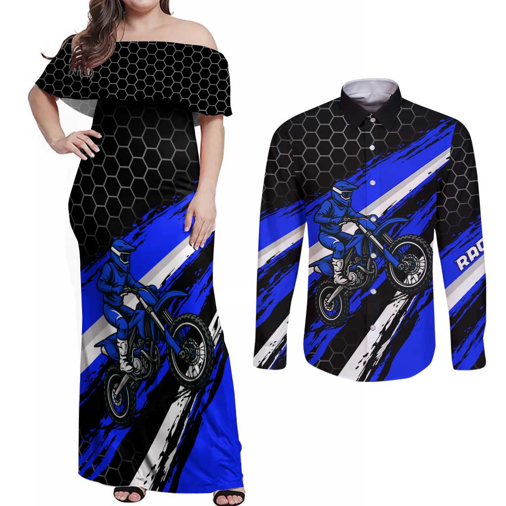 Custom Blue Motocross Couples Matching Off Shoulder Maxi Dress and Long Sleeve Button Shirt with Dirt Bike Rider Graphic Design on Honeycomb Pattern - Wonder Print Shop