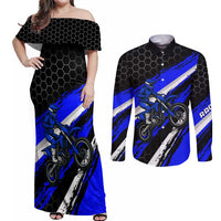 Custom Blue Motocross Couples Matching Off Shoulder Maxi Dress and Long Sleeve Button Shirt with Dirt Bike Rider Graphic Design on Honeycomb Pattern - Wonder Print Shop