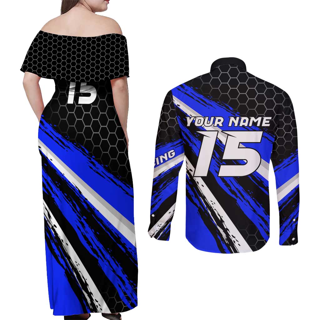 Custom Blue Motocross Couples Matching Off Shoulder Maxi Dress and Long Sleeve Button Shirt with Dirt Bike Rider Graphic Design on Honeycomb Pattern - Wonder Print Shop