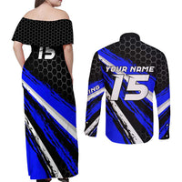Custom Blue Motocross Couples Matching Off Shoulder Maxi Dress and Long Sleeve Button Shirt with Dirt Bike Rider Graphic Design on Honeycomb Pattern - Wonder Print Shop