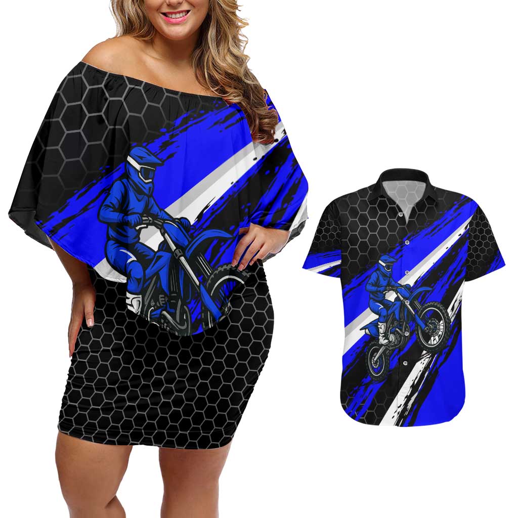Custom Blue Motocross Couples Matching Off Shoulder Short Dress and Hawaiian Shirt with Dirt Bike Rider Graphic Design on Honeycomb Pattern - Wonder Print Shop