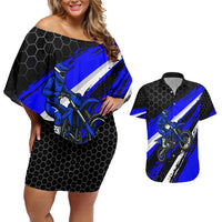 Custom Blue Motocross Couples Matching Off Shoulder Short Dress and Hawaiian Shirt with Dirt Bike Rider Graphic Design on Honeycomb Pattern - Wonder Print Shop