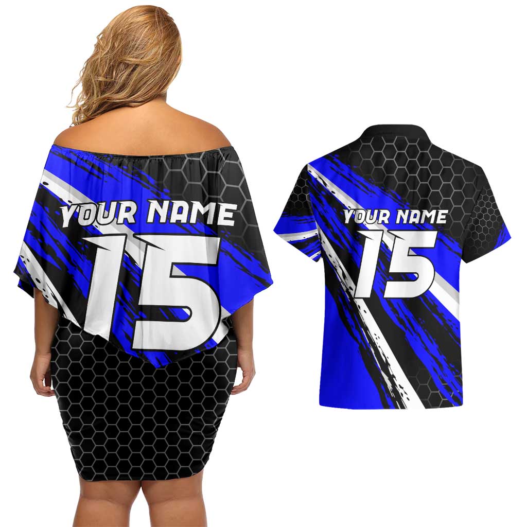 Custom Blue Motocross Couples Matching Off Shoulder Short Dress and Hawaiian Shirt with Dirt Bike Rider Graphic Design on Honeycomb Pattern - Wonder Print Shop