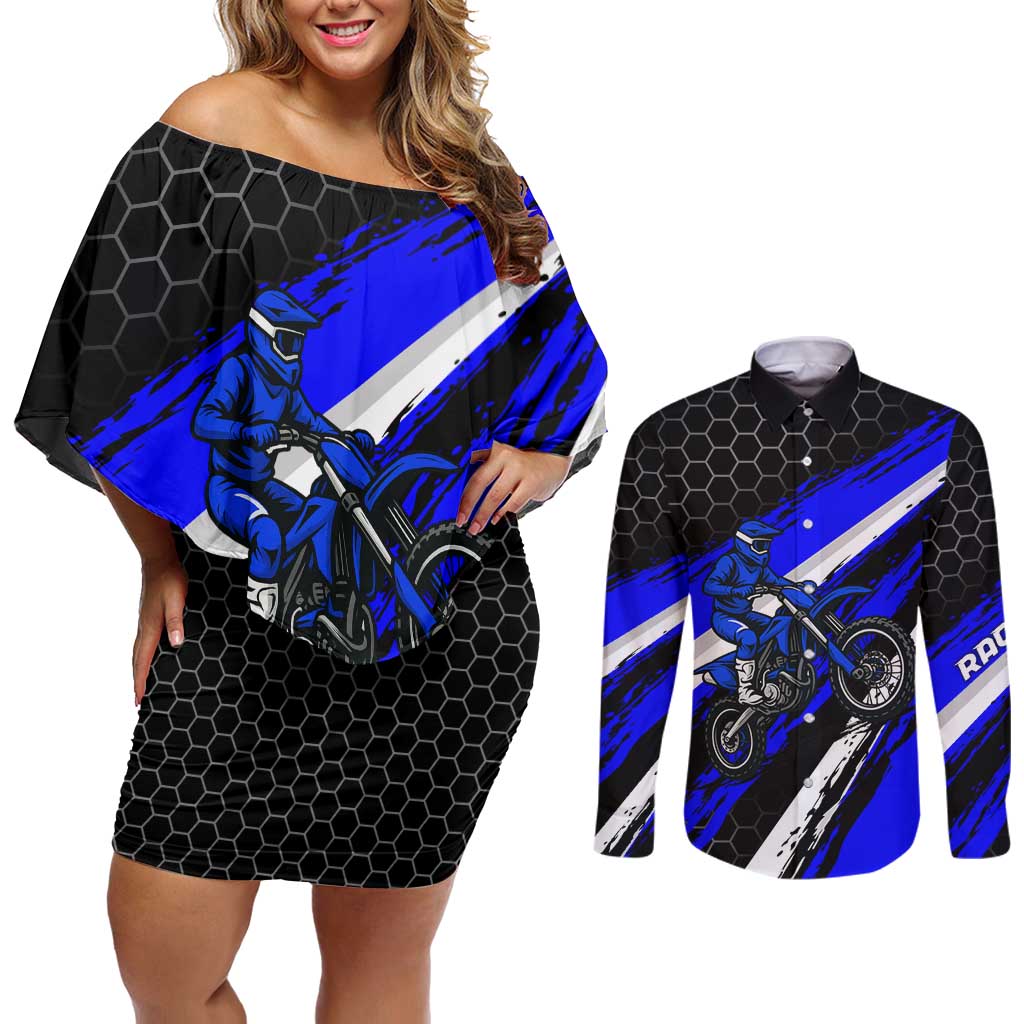Custom Blue Motocross Couples Matching Off Shoulder Short Dress and Long Sleeve Button Shirt with Dirt Bike Rider Graphic Design on Honeycomb Pattern - Wonder Print Shop