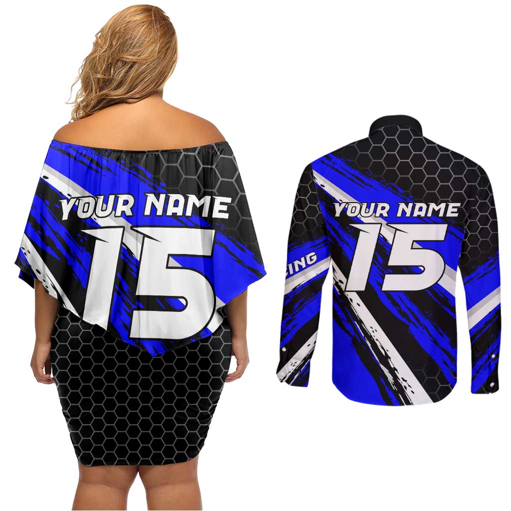 Custom Blue Motocross Couples Matching Off Shoulder Short Dress and Long Sleeve Button Shirt with Dirt Bike Rider Graphic Design on Honeycomb Pattern - Wonder Print Shop