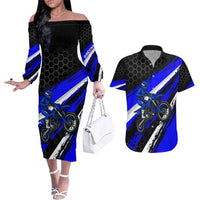 Custom Blue Motocross Couples Matching Off The Shoulder Long Sleeve Dress and Hawaiian Shirt with Dirt Bike Rider Graphic Design on Honeycomb Pattern - Wonder Print Shop