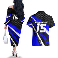 Custom Blue Motocross Couples Matching Off The Shoulder Long Sleeve Dress and Hawaiian Shirt with Dirt Bike Rider Graphic Design on Honeycomb Pattern - Wonder Print Shop