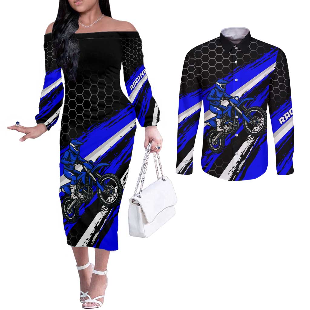 Custom Blue Motocross Couples Matching Off The Shoulder Long Sleeve Dress and Long Sleeve Button Shirt with Dirt Bike Rider Graphic Design on Honeycomb Pattern - Wonder Print Shop
