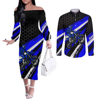 Custom Blue Motocross Couples Matching Off The Shoulder Long Sleeve Dress and Long Sleeve Button Shirt with Dirt Bike Rider Graphic Design on Honeycomb Pattern - Wonder Print Shop
