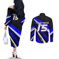 Custom Blue Motocross Couples Matching Off The Shoulder Long Sleeve Dress and Long Sleeve Button Shirt with Dirt Bike Rider Graphic Design on Honeycomb Pattern - Wonder Print Shop