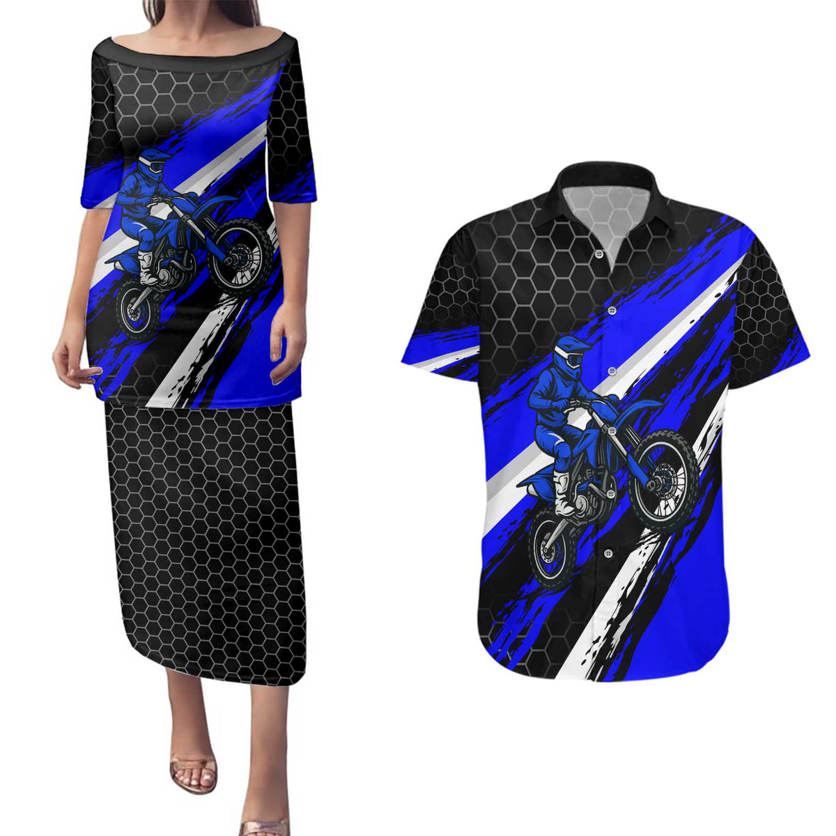 Custom Blue Motocross Couples Matching Puletasi and Hawaiian Shirt with Dirt Bike Rider Graphic Design on Honeycomb Pattern - Wonder Print Shop