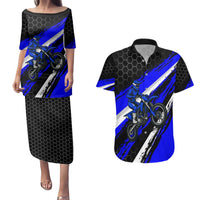 Custom Blue Motocross Couples Matching Puletasi and Hawaiian Shirt with Dirt Bike Rider Graphic Design on Honeycomb Pattern - Wonder Print Shop