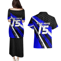 Custom Blue Motocross Couples Matching Puletasi and Hawaiian Shirt with Dirt Bike Rider Graphic Design on Honeycomb Pattern - Wonder Print Shop