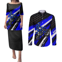 Custom Blue Motocross Couples Matching Puletasi and Long Sleeve Button Shirt with Dirt Bike Rider Graphic Design on Honeycomb Pattern - Wonder Print Shop