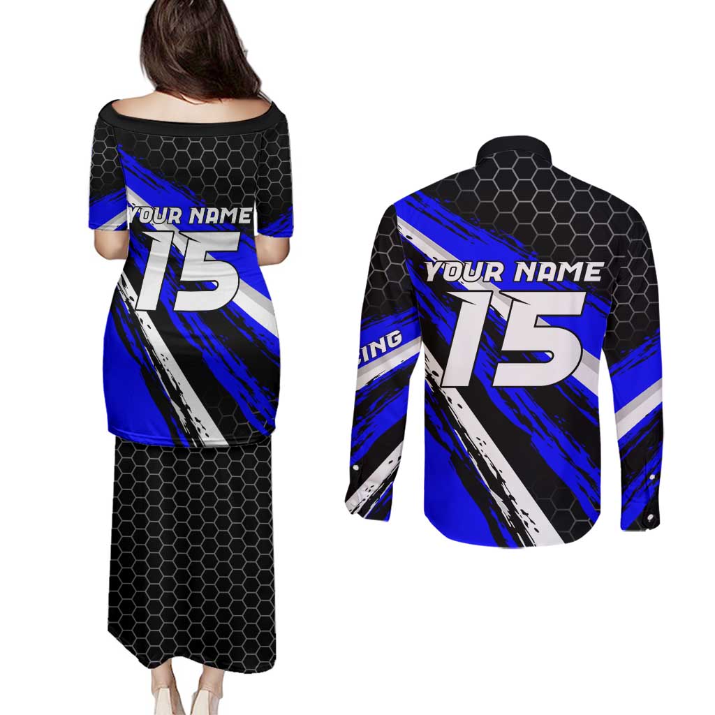 Custom Blue Motocross Couples Matching Puletasi and Long Sleeve Button Shirt with Dirt Bike Rider Graphic Design on Honeycomb Pattern - Wonder Print Shop