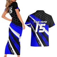 Custom Blue Motocross Couples Matching Short Sleeve Bodycon Dress and Hawaiian Shirt with Dirt Bike Rider Graphic Design on Honeycomb Pattern - Wonder Print Shop