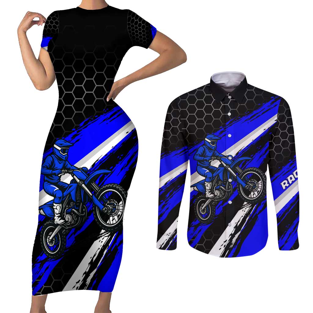 Custom Blue Motocross Couples Matching Short Sleeve Bodycon Dress and Long Sleeve Button Shirt with Dirt Bike Rider Graphic Design on Honeycomb Pattern - Wonder Print Shop